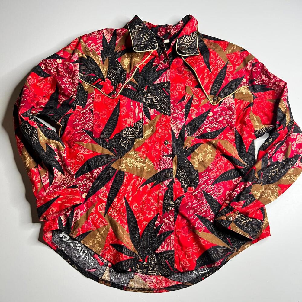 Vintage Roughrider Westernβ Shirt Womens Red Black Gold Pattern USA Made L 42